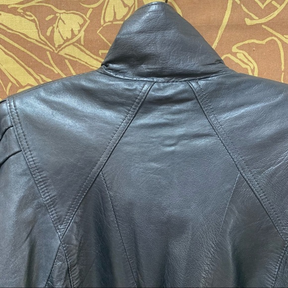 80’s 90’s Drop Waist Puff Sleeve Leather Bomber Jacket - Picture 7 of 16